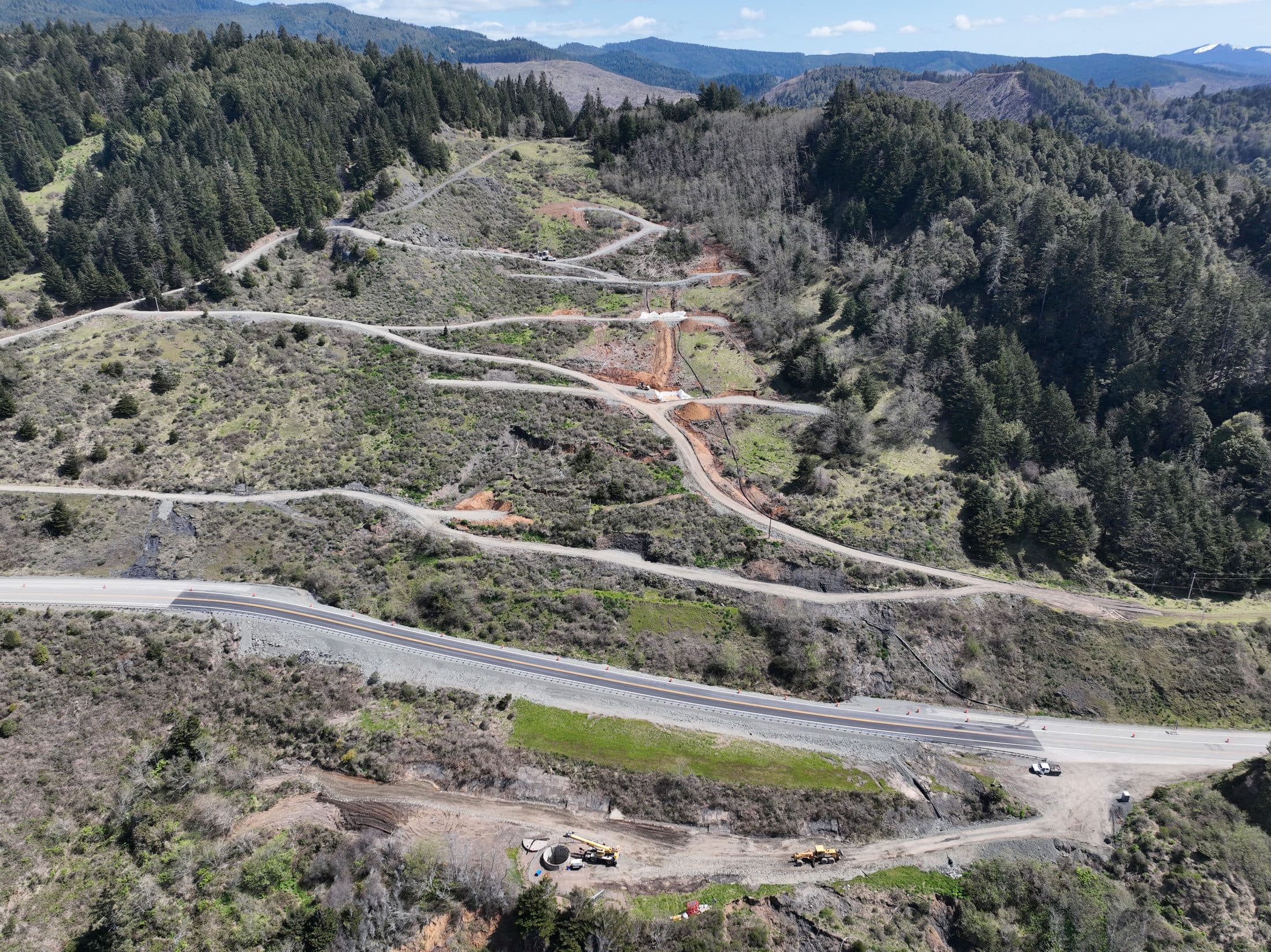 Aerial view of the US101 Oregon Coast Highway corridor with drain installation access roads